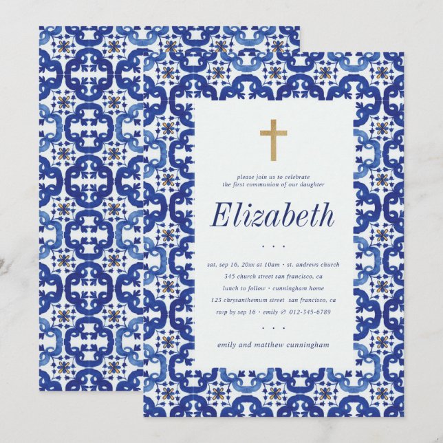 Kommunion für ihre blaumediterranen Fliesen Einladung (Vorne/Hinten)