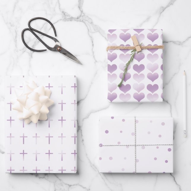 Kommunion Lavender Cross Hearts and Dots Geschenkpapier Set (Vorderseite)