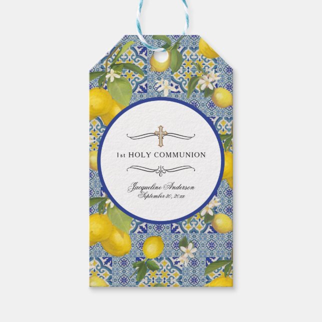 Kommunion Lemon Floral Citrus Foliage Blue Geschenkanhänger (Vorderseite)