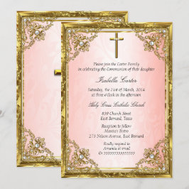 Kommunion Pink Gold Beige Perle Damaskus Kreuz Einladung