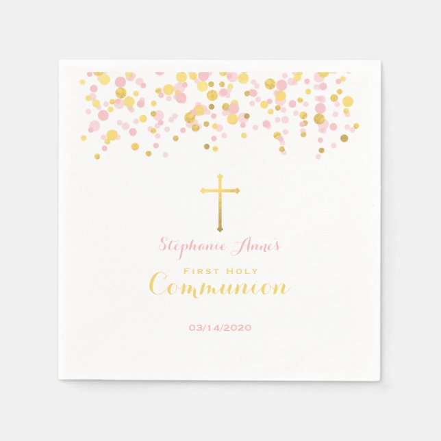 Kommunion Pink und Gold Confetti Serviette (Vorderseite)