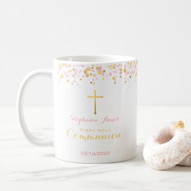 Kommunion Pink und Gold Confetti Tasse (Mit Donut)