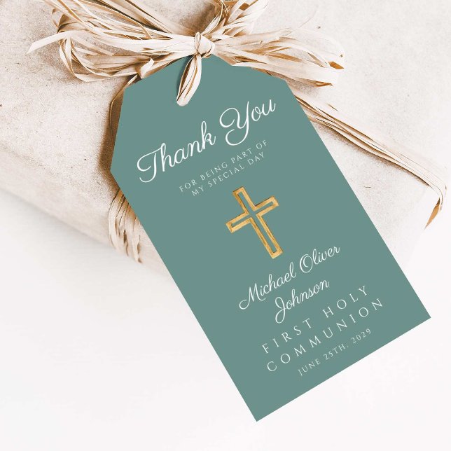 Kommunion über die religiöse Cross Green Boy Geschenkanhänger (Religious Cross Green Boy First Communion Gift Tags)