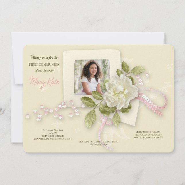 Kommunion über Grödner und Schmetterlinge im Foto Einladung (Vorderseite)