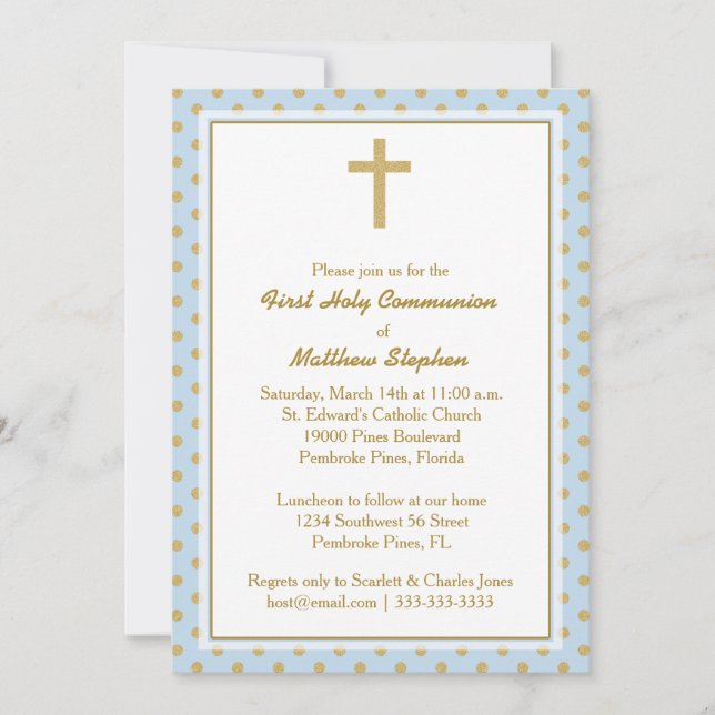 Kommunions-Blau mit GoldTupfen Einladung (Vorderseite)