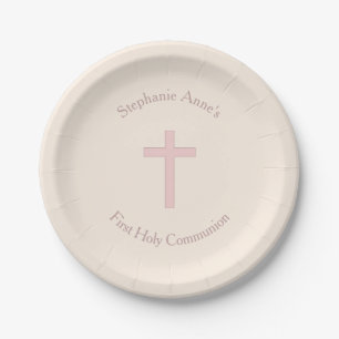 Kommunions-Pastellrosa-Kreuz Pappteller
