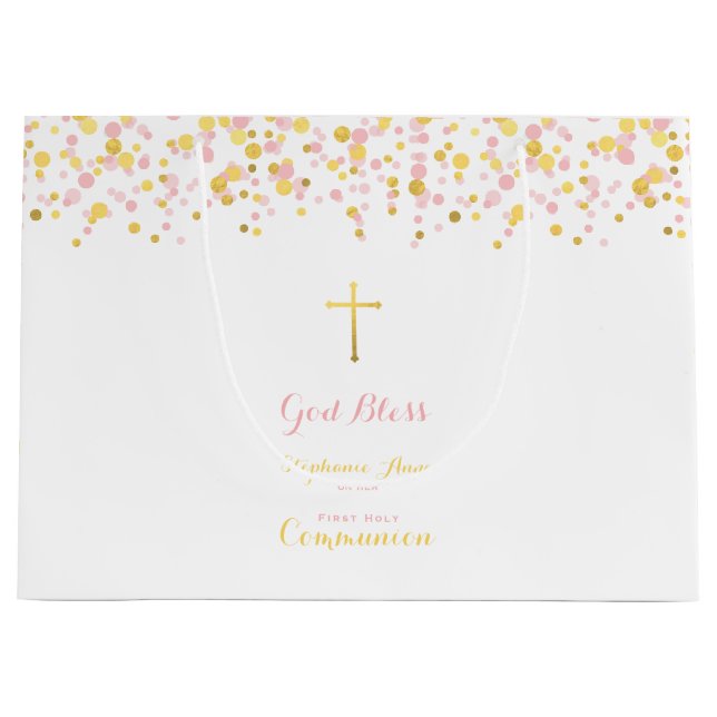 Kommunions-Rosa und GoldConfetti Große Geschenktüte (Vorderseite)