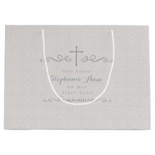 Kommunions-verziertes Kreuz im Taupe-Blumenmuster Große Geschenktüte