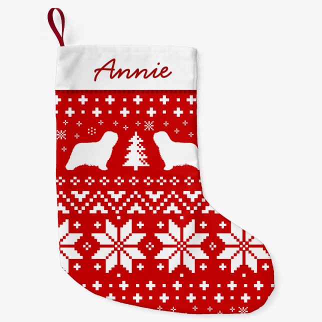 Komondor Hund Silhouetten Holiday Pattern Red Kleiner Weihnachtsstrumpf (Vorderseite)