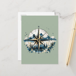 Kompass in Blau und Gold – Weltenbummler Postkarte