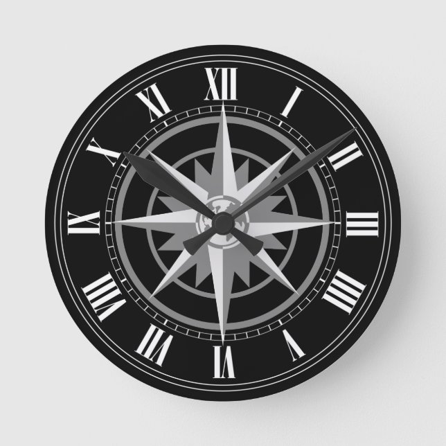 Kompass-Rose mit Kugel Runde Wanduhr (Vorderseite)
