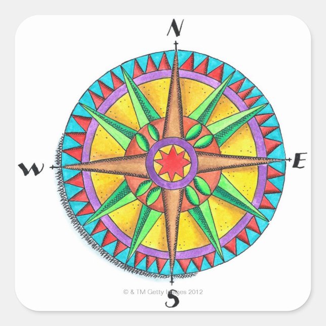 Kompass-Rose Quadratischer Aufkleber (Vorderseite)