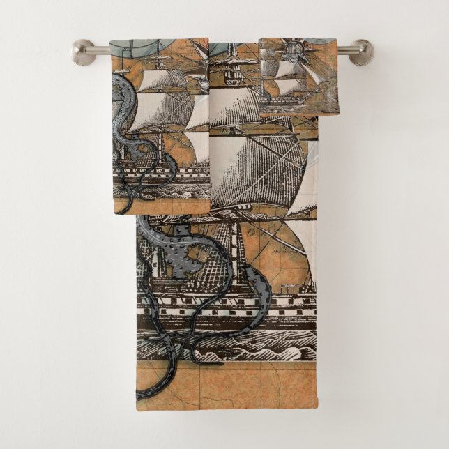 Kompass-Rose Vintages Nautical Octopus-Schiff Badhandtuch Set (Insitu)