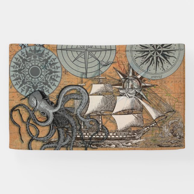 Kompass-Rose Vintages Nautical Octopus-Schiff Banner (Horizontal)