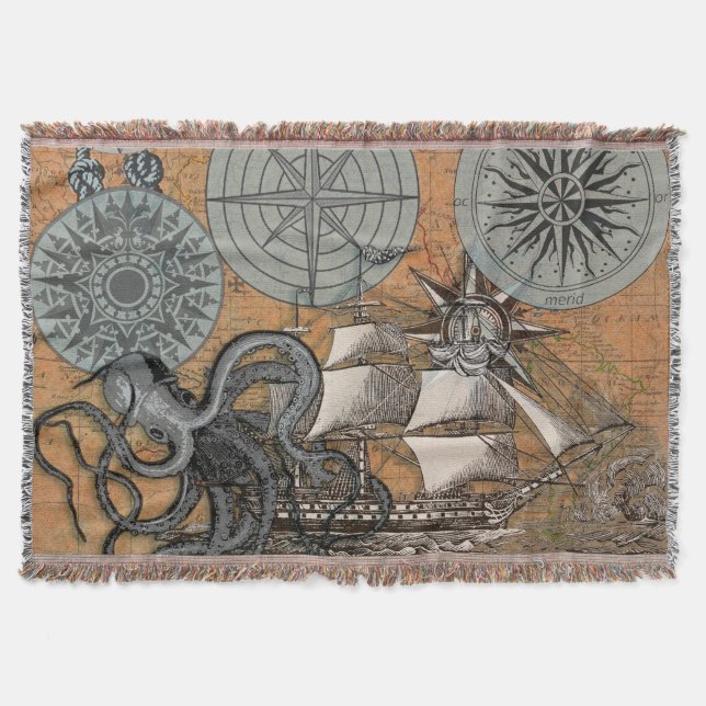 Kompass-Rose Vintages Nautical Octopus-Schiff Decke (Vorderseite)