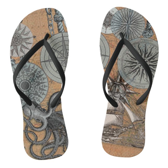 Kompass-Rose Vintages Nautical Octopus-Schiff Flip Flops (Fußbett)