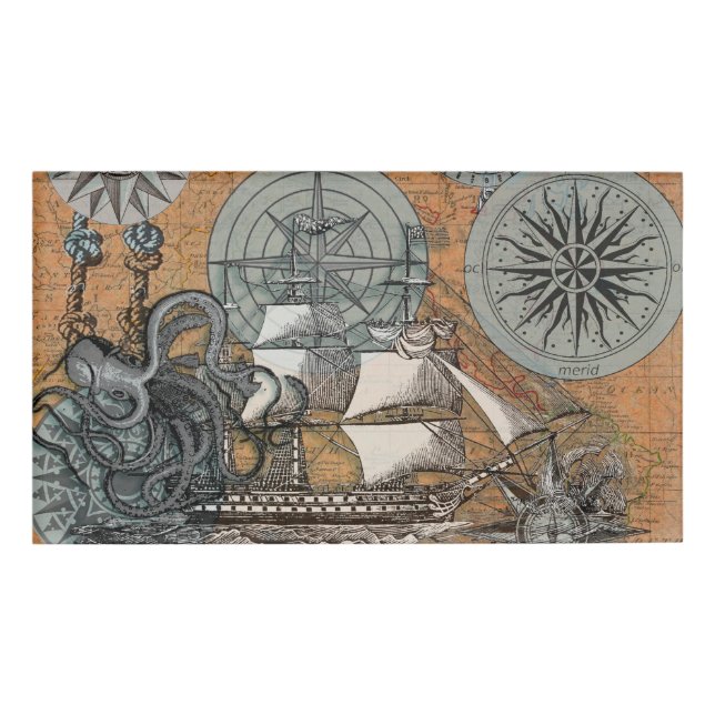 Kompass-Rose Vintages Nautical Octopus-Schiff Namenschild (Vorderseite)