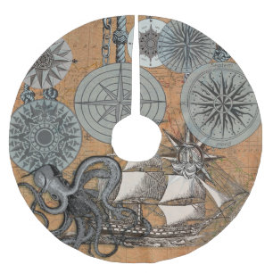 Kompass-Rose Vintages Nautical Octopus-Schiff Polyester Weihnachtsbaumdecke