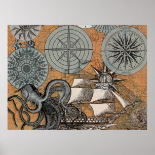 Kompass-Rose Vintages Nautical Octopus-Schiff Poster