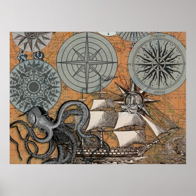 Kompass-Rose Vintages Nautical Octopus-Schiff Poster (Vorne)