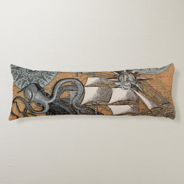 Kompass-Rose Vintages Nautical Octopus-Schiff Seitenschläferkissen (Vorderseite)