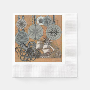 Kompass-Rose Vintages Nautical Octopus-Schiff Serviette