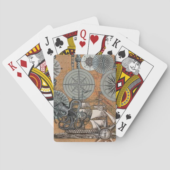 Kompass-Rose Vintages Nautical Octopus-Schiff Spielkarten (Rückseite)
