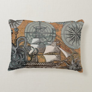 Kompass-Rose Vintages Nautical Octopus-Schiff Zierkissen