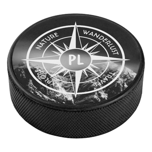 Kompass-Sternemblem monogramm dramatische Berge Eishockey Puck (3/4)