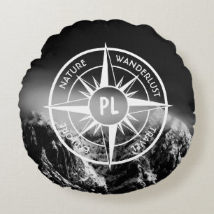 Kompass-Sternemblem monogramm dramatische Berge Rundes Kissen