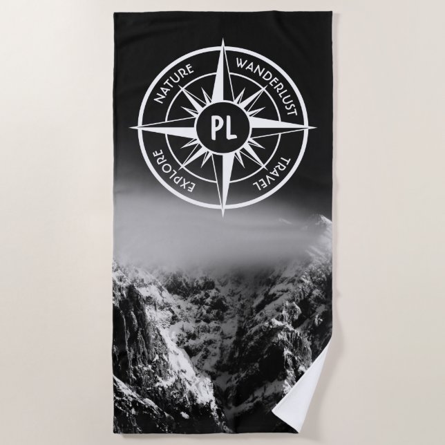 Kompass-Sternemblem monogramm dramatische Berge Strandtuch (Vorderseite)