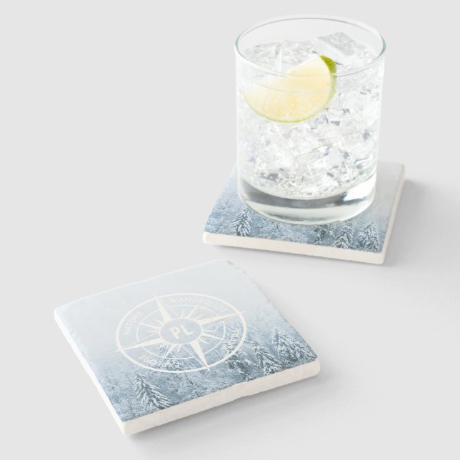 Kompass-Sternemblem monogramm Winterfichtenwald Steinuntersetzer (Seitenansicht)