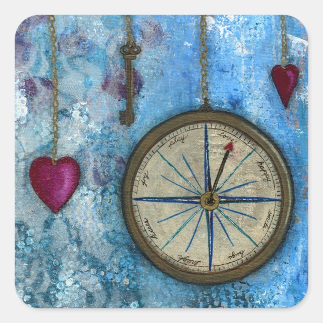 Kompass- und Herzsticker Quadratischer Aufkleber (Vorderseite)