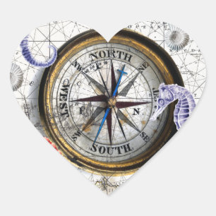 Kompass Vintag Nautic Herz-Aufkleber