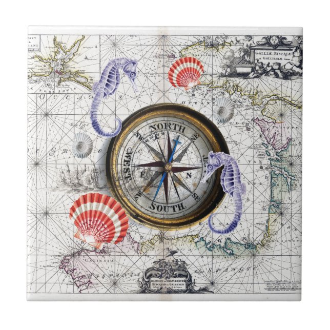 Kompass Vintage Nautical Fliese (Vorderseite)