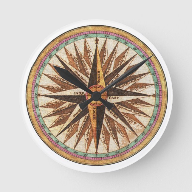 Kompassnavigator des Vintagen Schiffes Runde Wanduhr (Vorderseite)