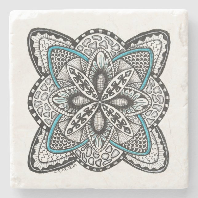 Kompassrose handgezeichnete Doodle mit Türkis Steinuntersetzer (Vorderseite)