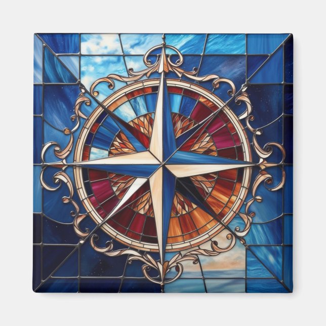 Kompassrose mit Rollrand im Bleiglas-Look Magnet (Vorne)