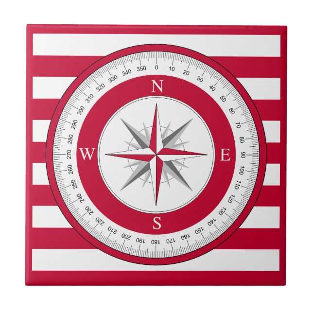 Kompassrose Rot-Weiß-Gestreift Fliese (Vorderseite)