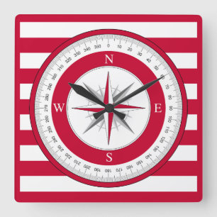 Kompassrose Rot-Weiß-Streifen Quadratische Wanduhr