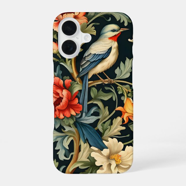 Komplexe Blumen mit Vogel iPhone 16 Hülle (Rückseite)