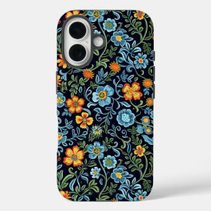 Komplexe Blumenkunst: Blaue und orangefarbene Blum iPhone 16 Hülle