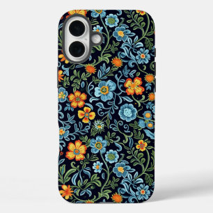 Komplexe Blumenkunst: Blaue und orangefarbene Blum iPhone 16 Plus Hülle
