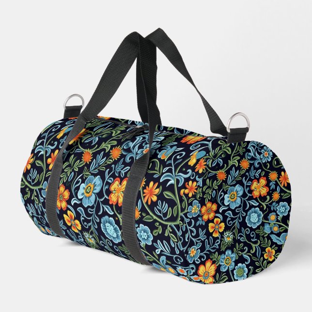 Komplexe Blumenkunst: Blaue und orangefarbene Blum Duffle Bag (Linke Seite)
