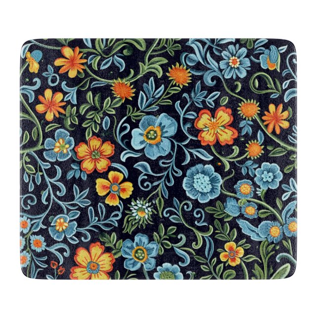 Komplexe Blumenkunst: Blaue und orangefarbene Blum Schneidebrett (Vorderseite)