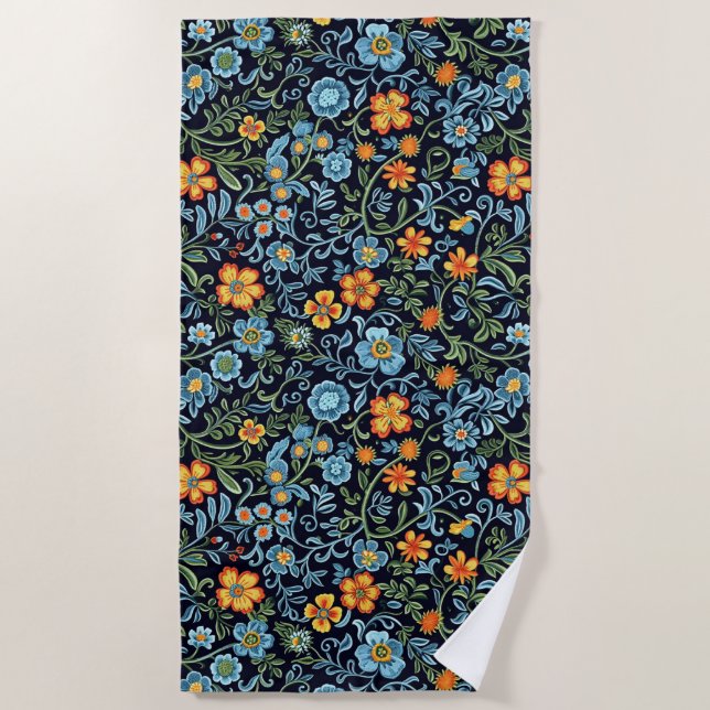 Komplexe Blumenkunst: Blaue und orangefarbene Blum Strandtuch (Vorderseite)