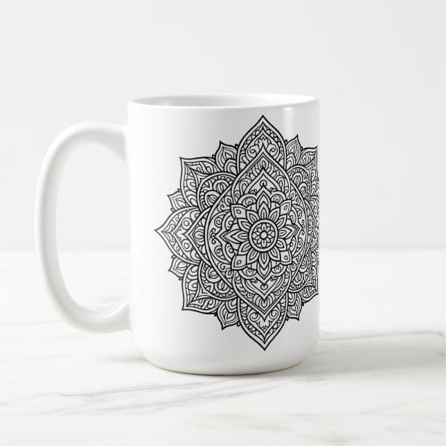 Komplexe schwarze Linien-Mandala-Kunst Kaffeetasse (Links)