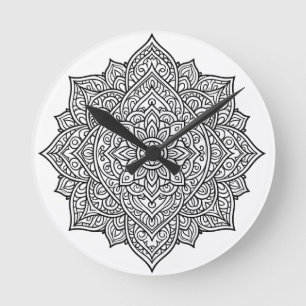 Komplexe Schwarze Linien-Mandala-Kunst Runde Wanduhr