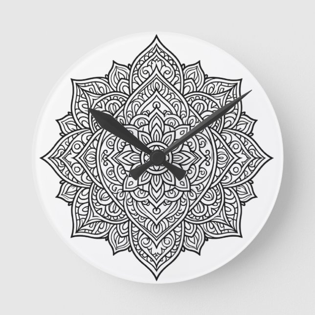 Komplexe Schwarze Linien-Mandala-Kunst Runde Wanduhr (Vorderseite)
