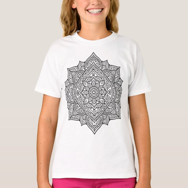 Komplexe Schwarze Linien-Mandala-Kunst T-Shirt (Vorderseite)